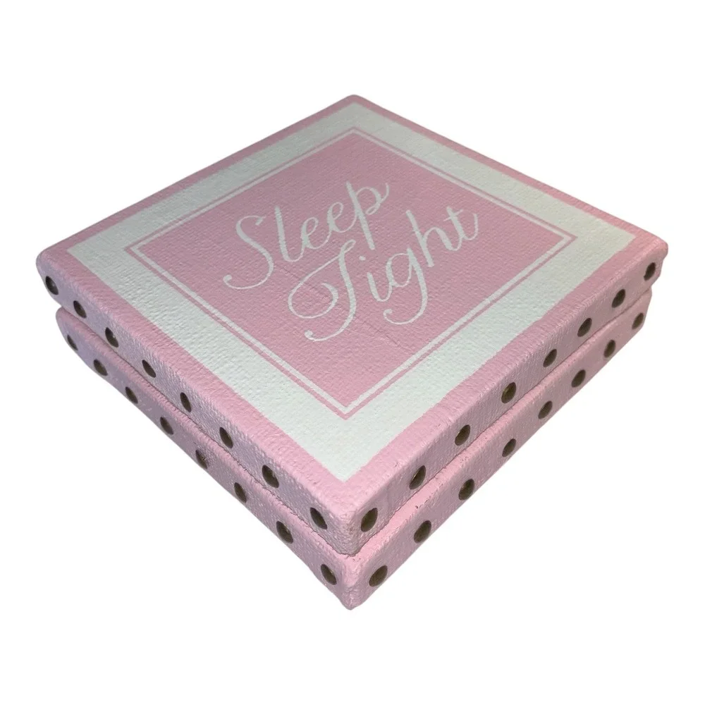 Pink Good Night Sleep Tight Wall Art Set 2 Nailhead Trim Nursery Decor 8x8